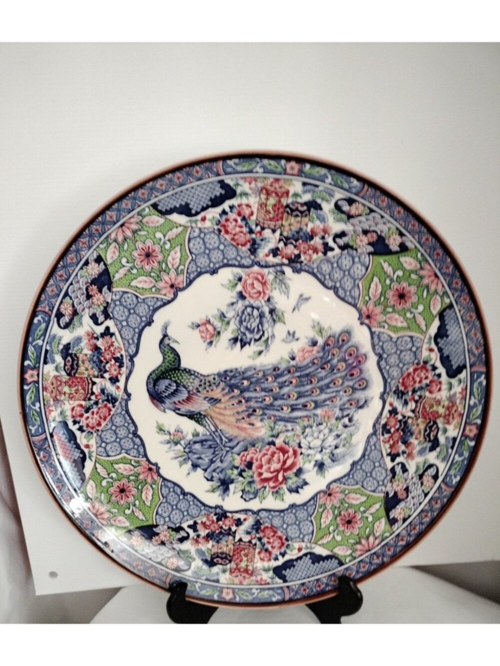 Peacock Peony Motif Plate Hand Painted Japan Porcelain  15” X15 New